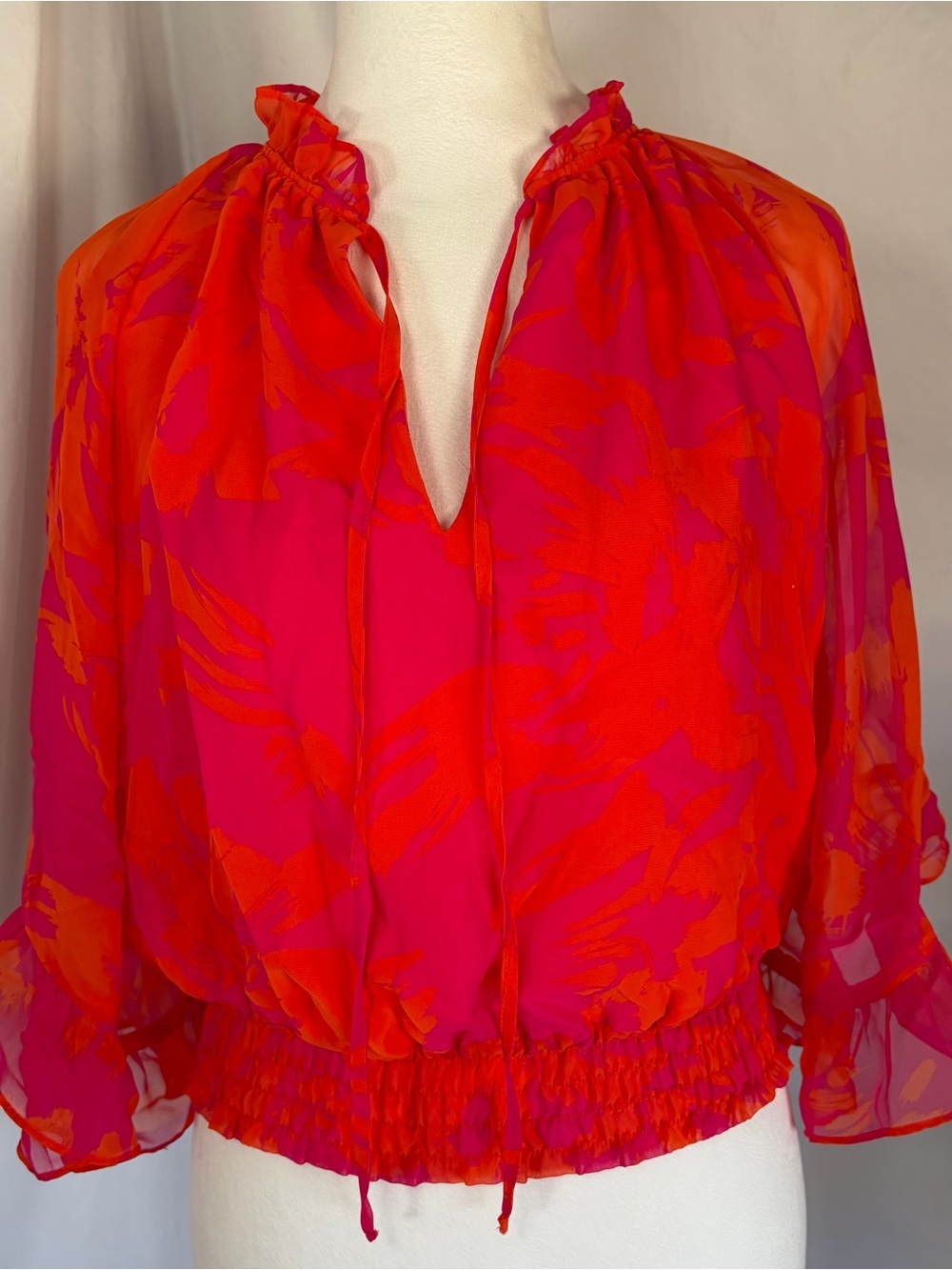 Lavender‎ Brown Ruffle-Neck Sheer Sleeve Women’s Blouse Pink & Orange XS